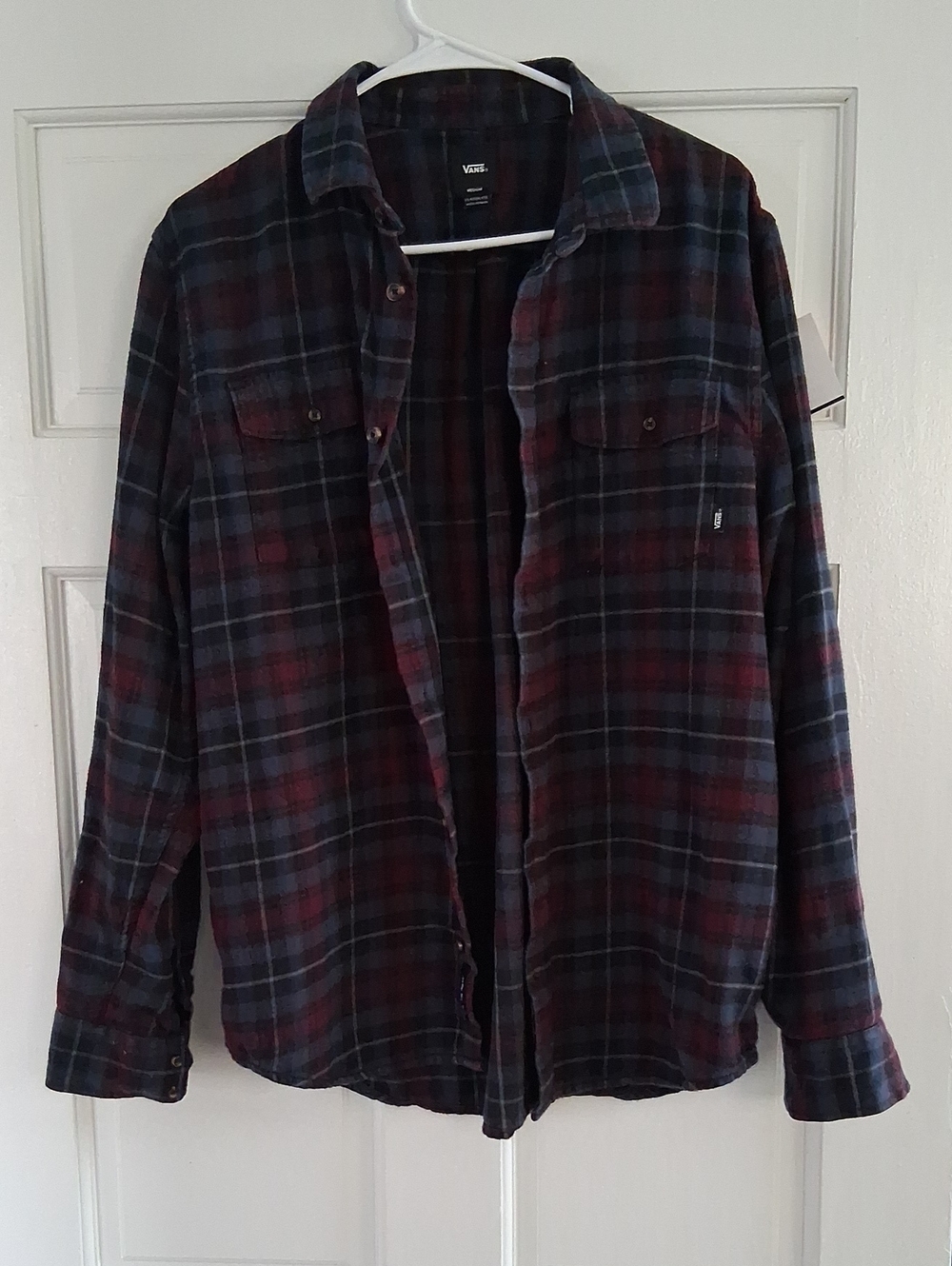 Vans Men's Burgundy and Navy Plaid Lightweight Flannel Shirt Jacket